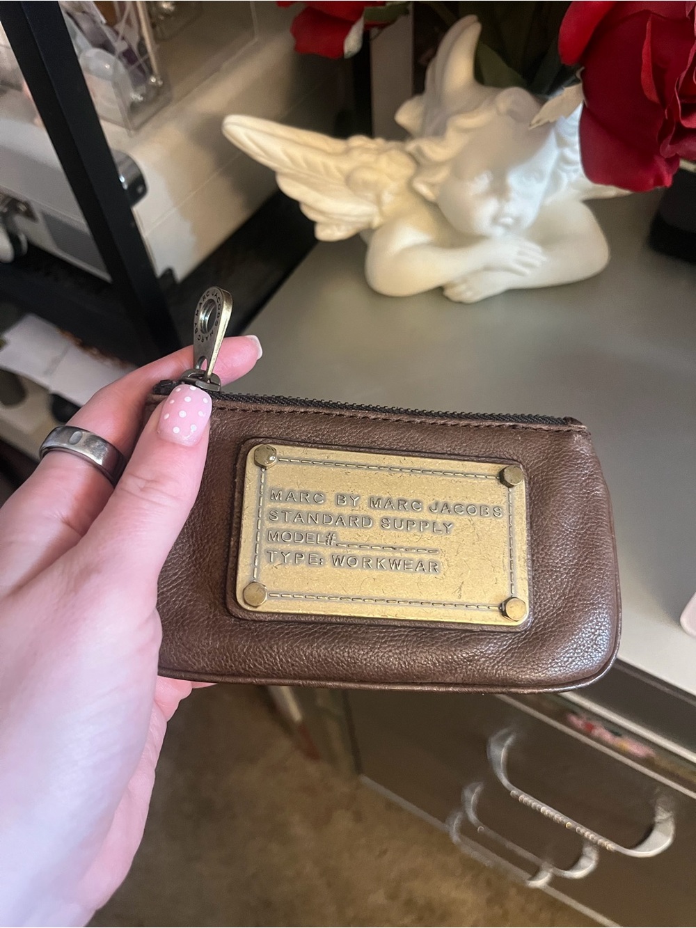 Marc Jacobs Brown Leather Zip Coin Pouch with Gold Plate Accent